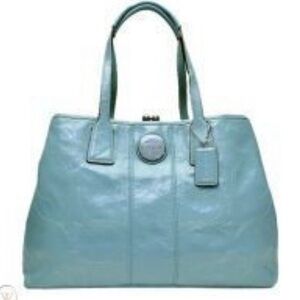 COACH purse blue patent signature framed carryall bag